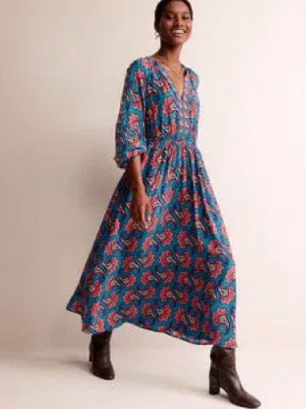 Boden Floral Block Print Maxi Dress Long Sleeve Cottagecore Fall Size 14 XL